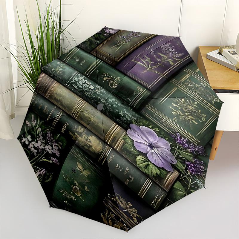 

Floral Books Botanical Illustrations Themed Automatic Opening and Closing Umbrella, Brightly Colored 8-rib Portable Umbrella, Suitable for M