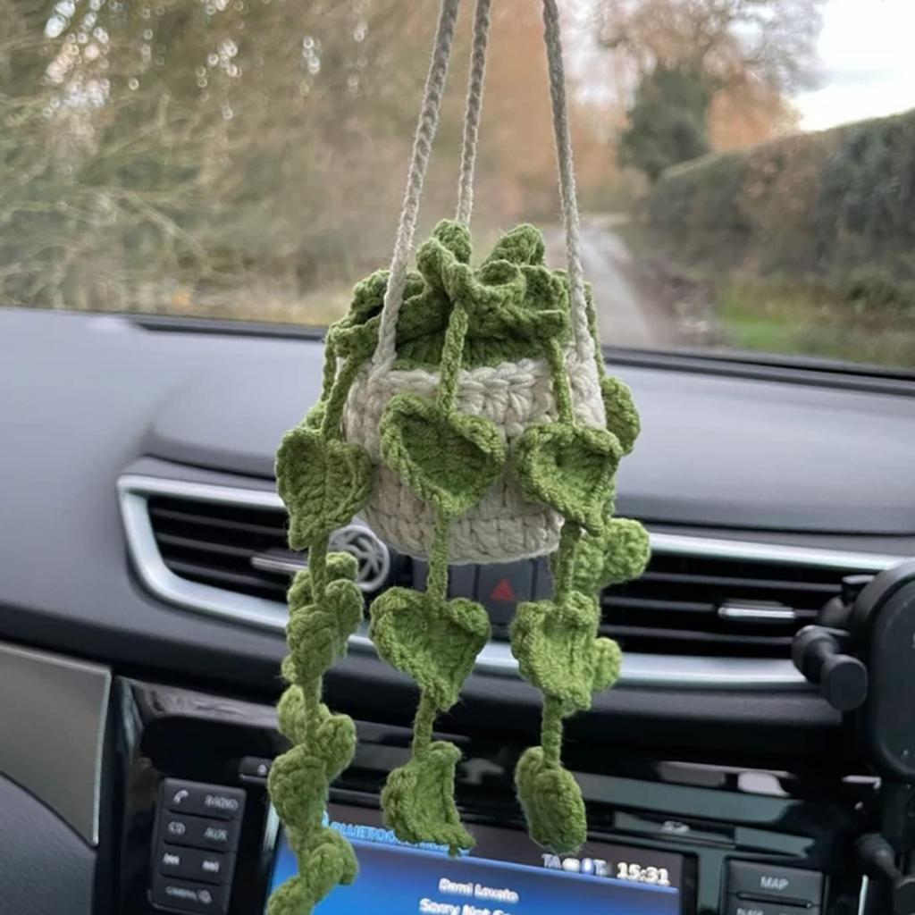 Crochet Hanging Plant for Car, Cute Car Plant Accessories, Knitted Plant Car Mirror Hanger, Boho Car Plant Crochet Hanging Basket (A)