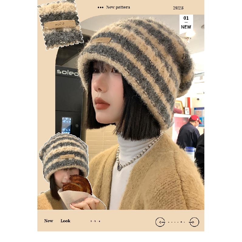 Color-blocked Striped Woolen Hat for Women, Autumn and Winter, Japanese Style, Loose, Warm, Ear-protecting, Slouchy Knit Hat for Large Head