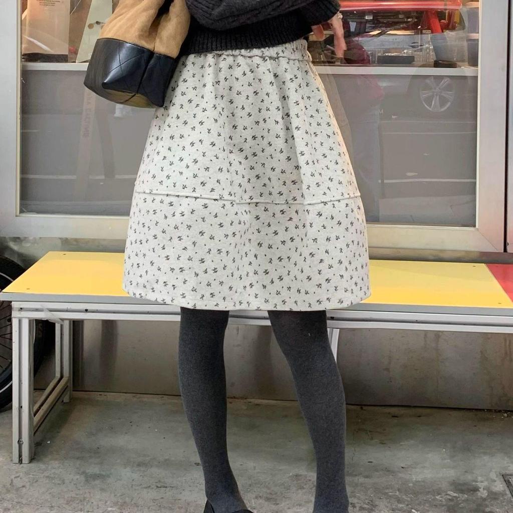 Women's Korean Retro Floral A-line Puffy Skirt - Gray, Autumn/Winter