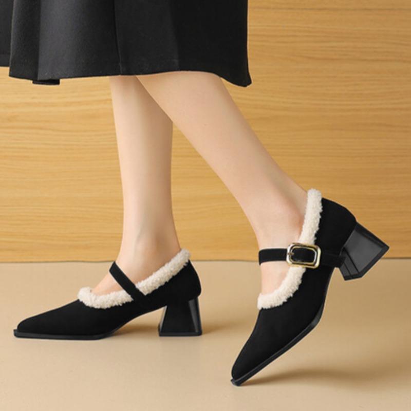 

Fashion Ladies Shoes 2025 New Buckle Strap Women s High Heels Fashion Shallow Dress Pumps Women Sexy Pointed Toe Plus Velvet Heels Women 35 чёрный