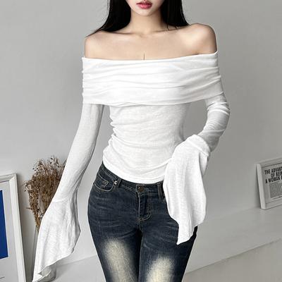 Mode Neue Feste Slim Fit Off Schulter T-shirt Frauen Sexy Backless Flare Langarm T-shirts Frau Straße Y2K Elegante Casual Dame t Shirt 24574