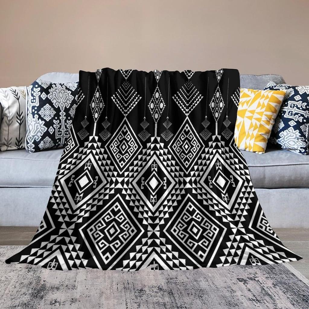 Black White Abstract Geometric Vintage Textured Boho Pattern Print Super Soft Flannel Throw Blanket for Bed Sofa