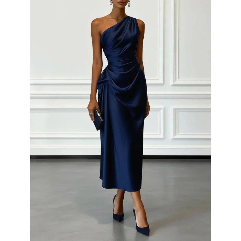 One Shoulder Satin Midi Dress with Ruched Waist Elegant Sleeveless Party Gown S