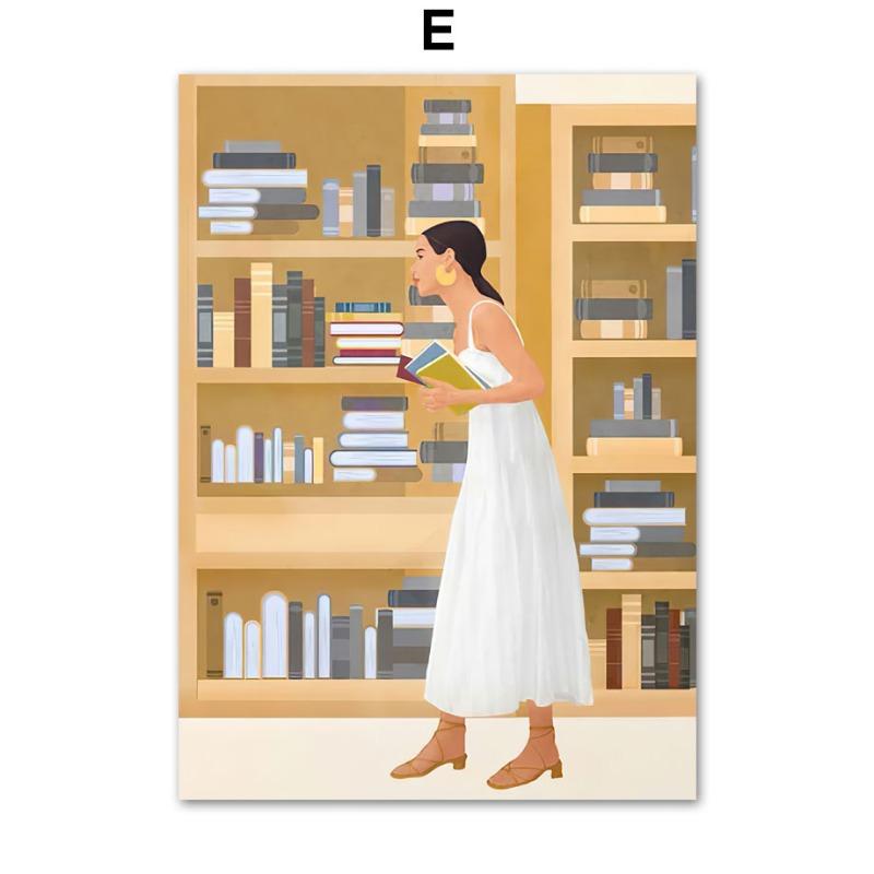 Girl Book Cat Leaf Illustration Wall Art Canvas Painting Abstract Posters & Prints Hotel Bar Wall Pictures For Living Room Decor