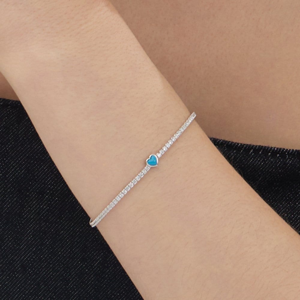 Essence Silver (W) Tennis Heart Bracelet In Turkish Blue New Hl4B46402W9185