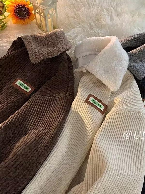 Men's Corduroy Polo Collar Fleece Lined Jacket - Hong Kong Style Winter Wear for Teens