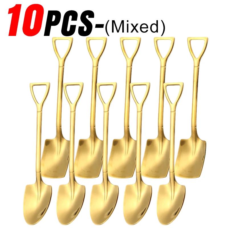 Stainless Steel Shovel Spoon Creative Gold Silver Coffee Spoons Ice Cream Dessert Scoops Teaspoon Kitchen Tableware Cutlery Sets