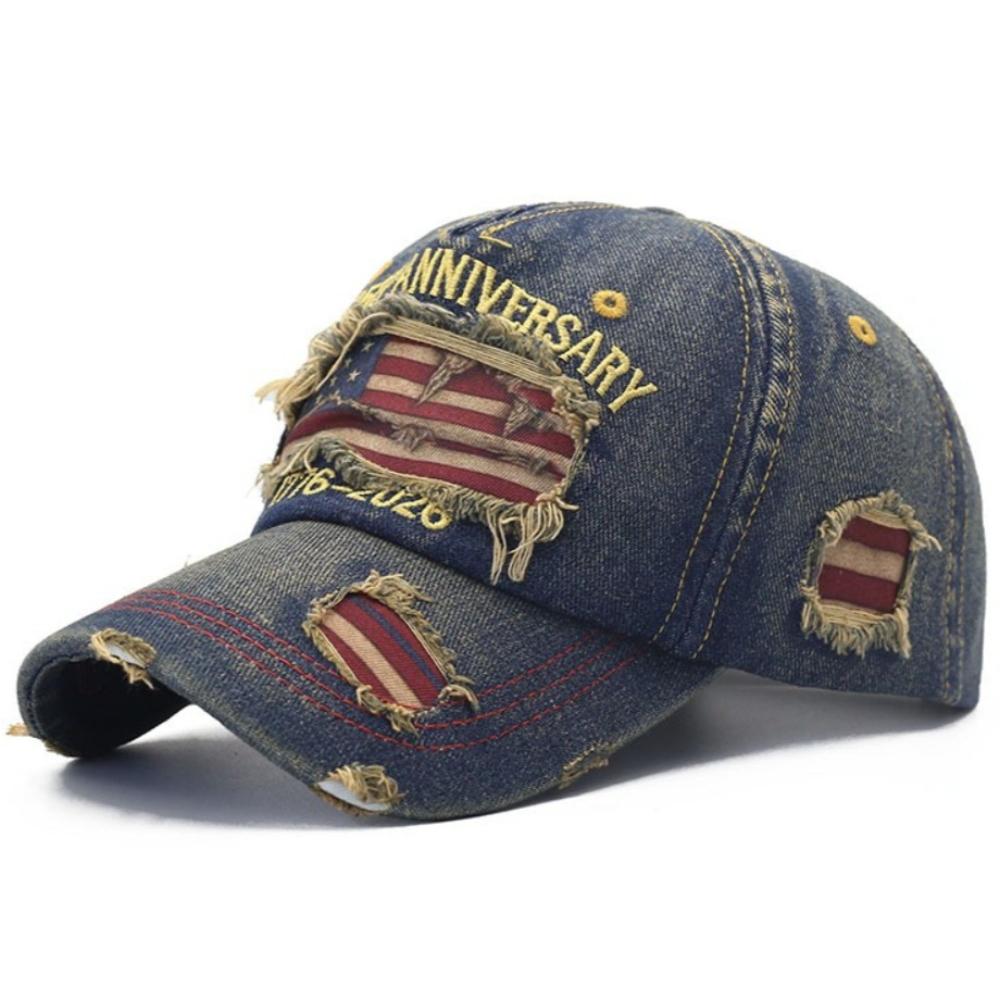 

250th Anniversary Commemorative Embroidered Hat Vintage Distressed Baseball Cap,Flat Cap Distressed Ripped Baseball Cap Adjustable синий