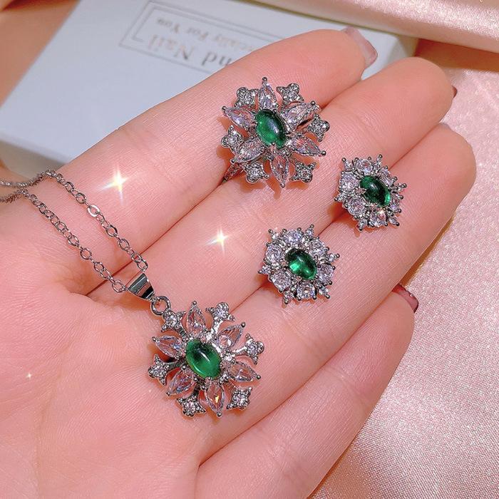 Japanese and Korean Style Baroque Emerald Full Diamond Earrings Necklace Designer Set