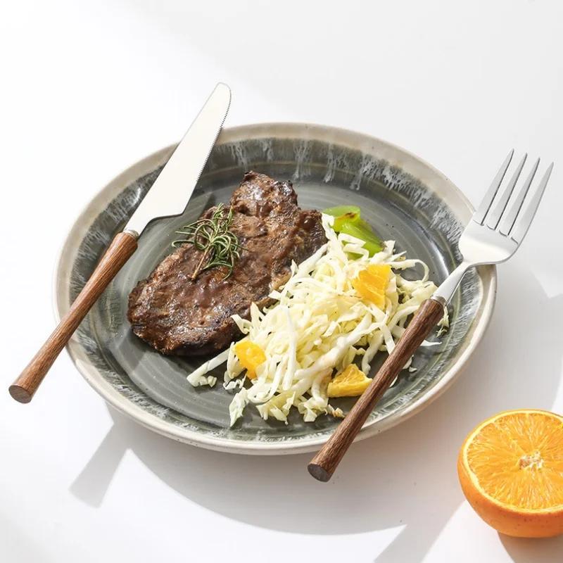 Nádobí z nerezové oceli Dřevěná rukojeť Sada příborů Nůž Vidlička Lžíce Čajová lžička Nůž na steak Dezert Kávová naběračka Pomůcky pro domácnost
