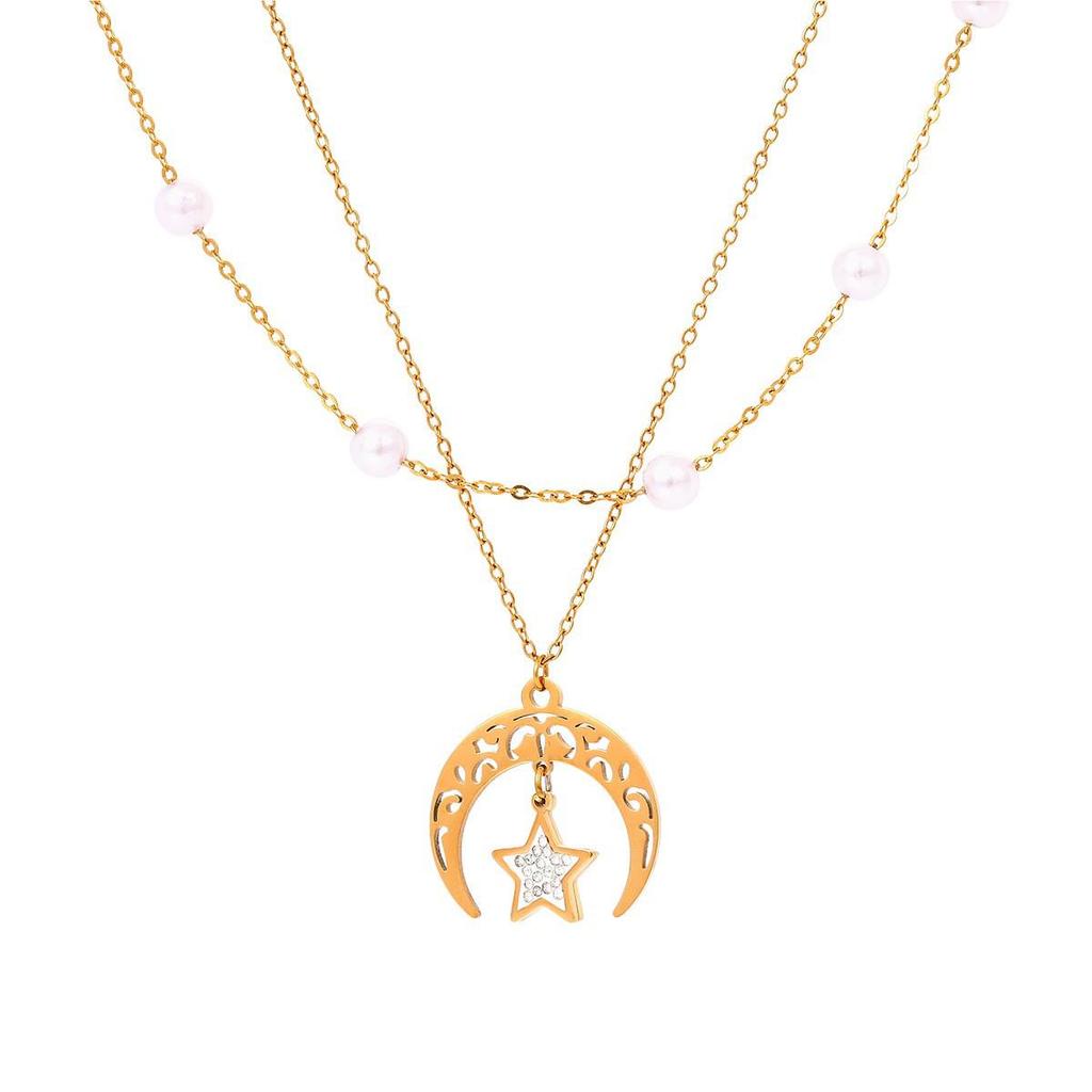 European & American Styled Layered Pearl Titanium Necklace: Stainless Steel, French Luxury Design for Women.