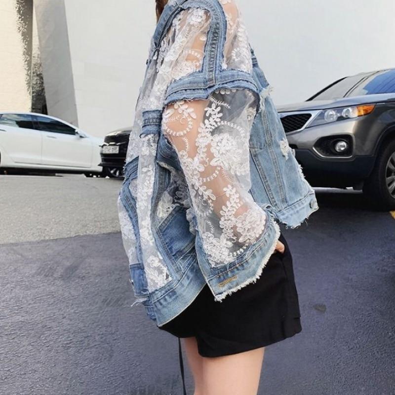 Jeans Jackets Summer Spring Autumn Long Sleeve Plus Size Women's Coat Loose Lace Patchwork Top Jacket Ladies Denim Coat