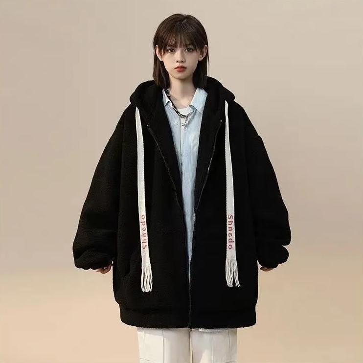 

WTEMPO Большие размеры, утепленные, ветрозащитные, с карманами на молнии, с капюшоном, флисовые пальто, женские толстые, теплые, осенне-зимние плюшевые куртки L чёрный