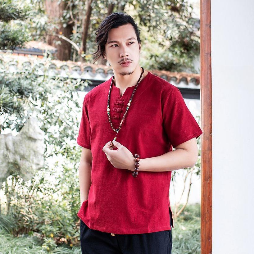 Ethnic Chinese Style Cotton And Linen Clothes Men'S Cotton And Linen V-Neck Short-Sleeved T-Shirt Men'S Thin Slim-Fit Top Summer