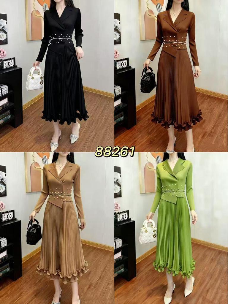 European & American Pleated Lux Plus Size Beaded Long Dress with Suit Collar