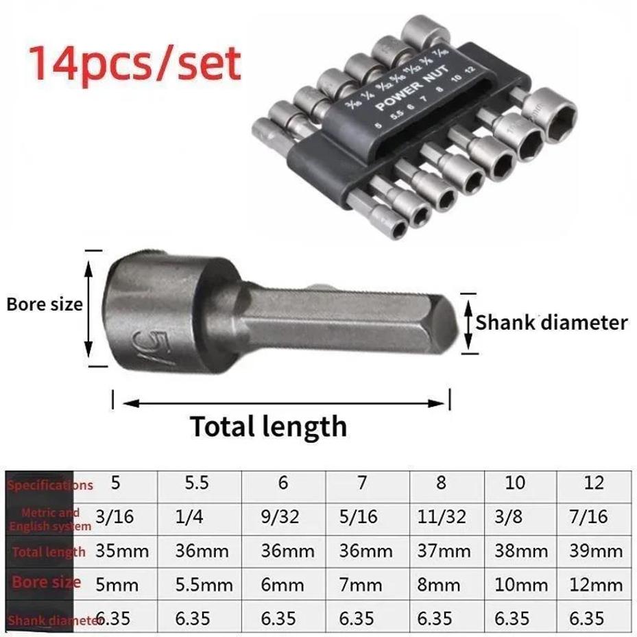 1 Set 5mm-13mm Hex Socket S Sleeve Power Nut Driver Drill Bit Set 1/4" Screw Metric Driver Tool Set Adapter