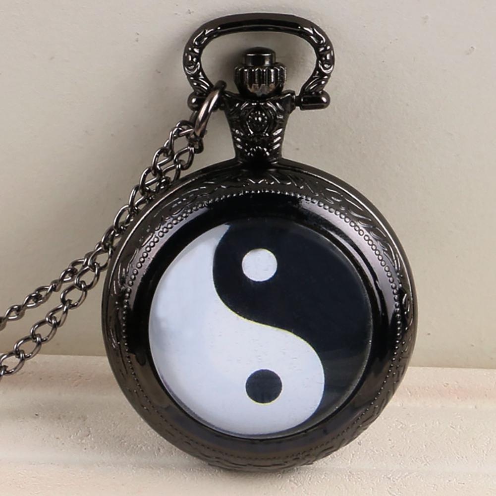 Black and White Tai Chi Snap Button Quartz Pocket Watch Yin Yang Jewelry Steampunk Medium Size Necklace Chain Collectibles Gifts