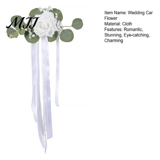 Wedding Photo Prop Decor Car Door Handle Flower with Ribbon Tie And Green Leaves, White Artificial All In One Decoration Rose Rearview Mirror Bouquet