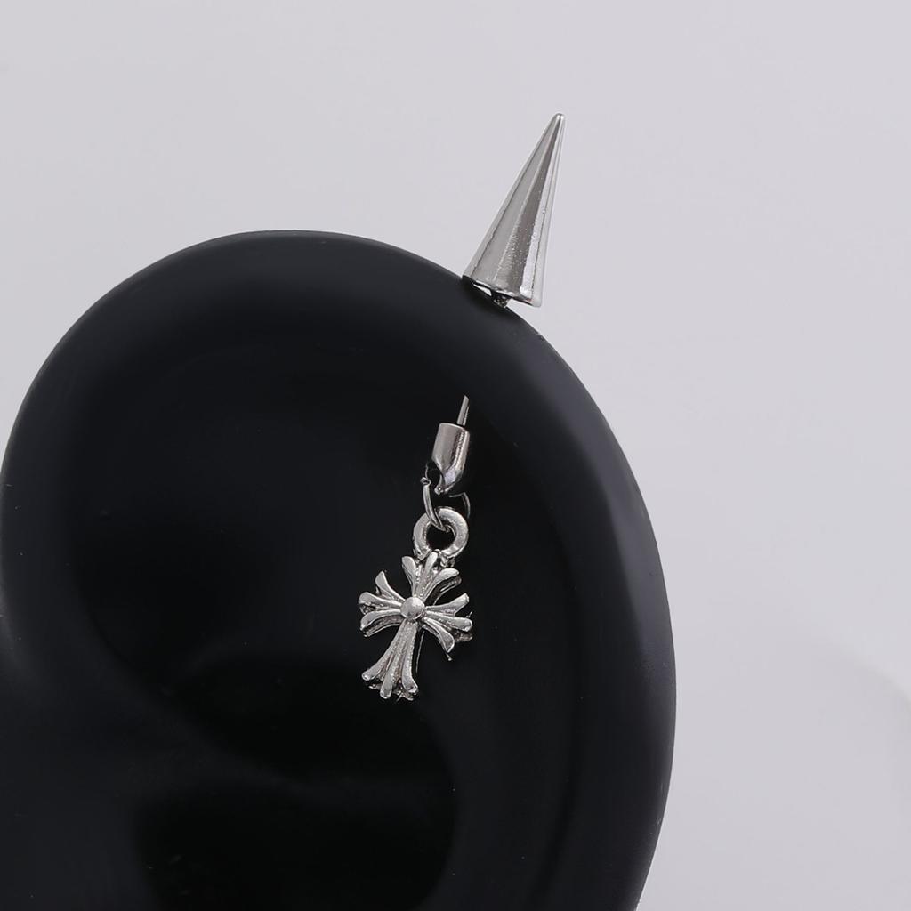 Spike Cone Barbell Piercing Ear Stud with Sparkling Stone Cross Pendant Gothic Cool Unisex Cartilage Ear Jewelry for Daily Street Style Matching