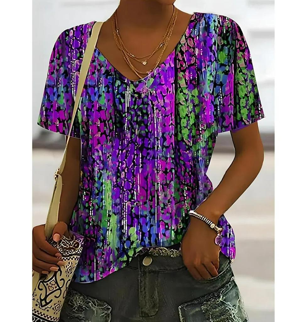 Plus Size Women's T-shirt Vintage Flower Graphics Fashion Short Sleeved V-Neck Tops Summer Casual Tees Women Clothing