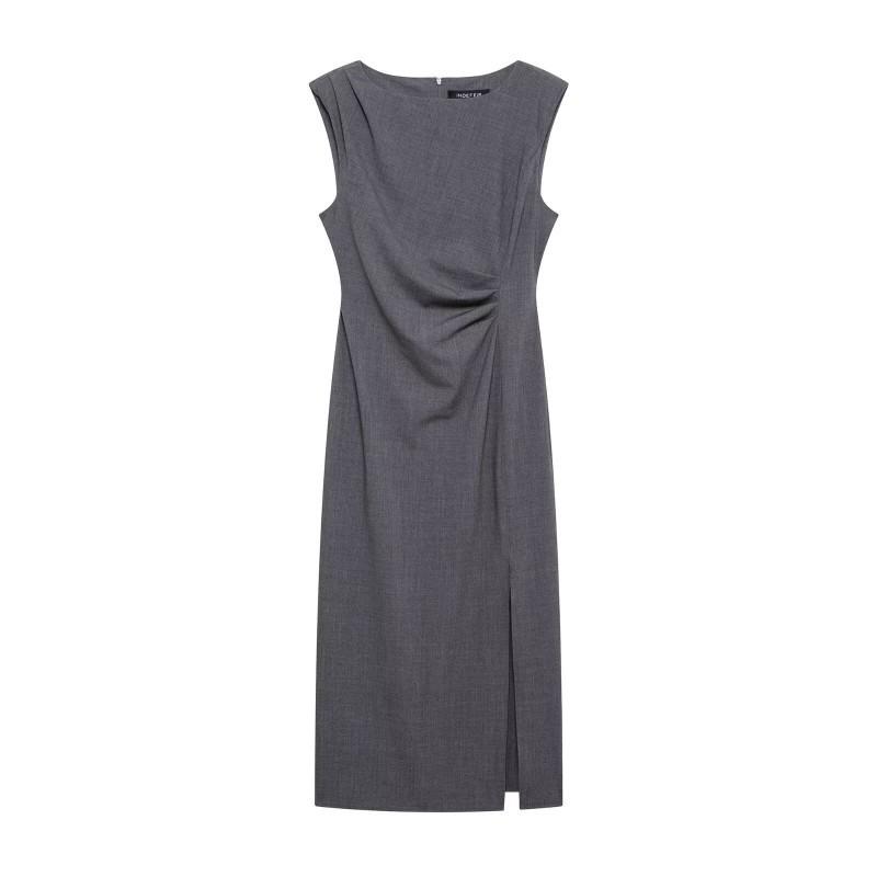

European American Women s Clothing Fashionable Round Collar Waist Pleated Sleeveless Dress XS серый