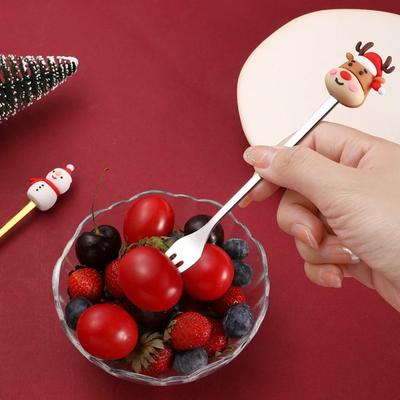 Ensemble de 4/6 Cuillères et Fourchettes de Noël Père Noël Sapin de Noël Décoration Acier Inoxydable Pelle à Dessert Fourchette à Fruits Cadeau de Noël