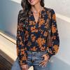 Women Shirt Stand Collar V-Neck Lantern Long Sleeve Printing Pullover Tops Loose Fit Thin Casual Shirt Daily Wear