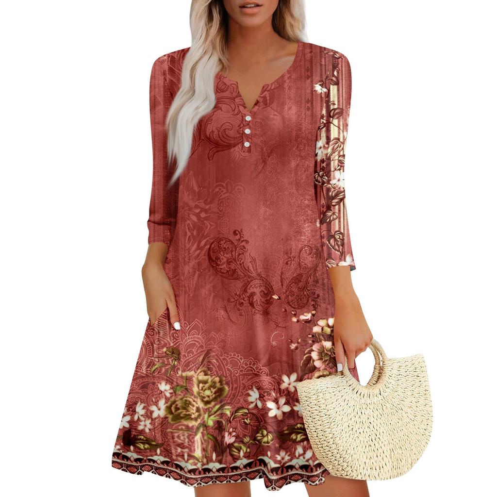 Women's Summer Dress Loose V Neck Three-quarter Sleeve Sundress With Pockets Dress