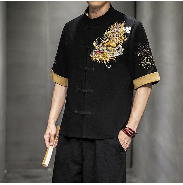 Camicia Casual da Uomo Stile Cinese con Ricamo di Drago, Collo Rialzato, Manica Corta, Taglia Larga