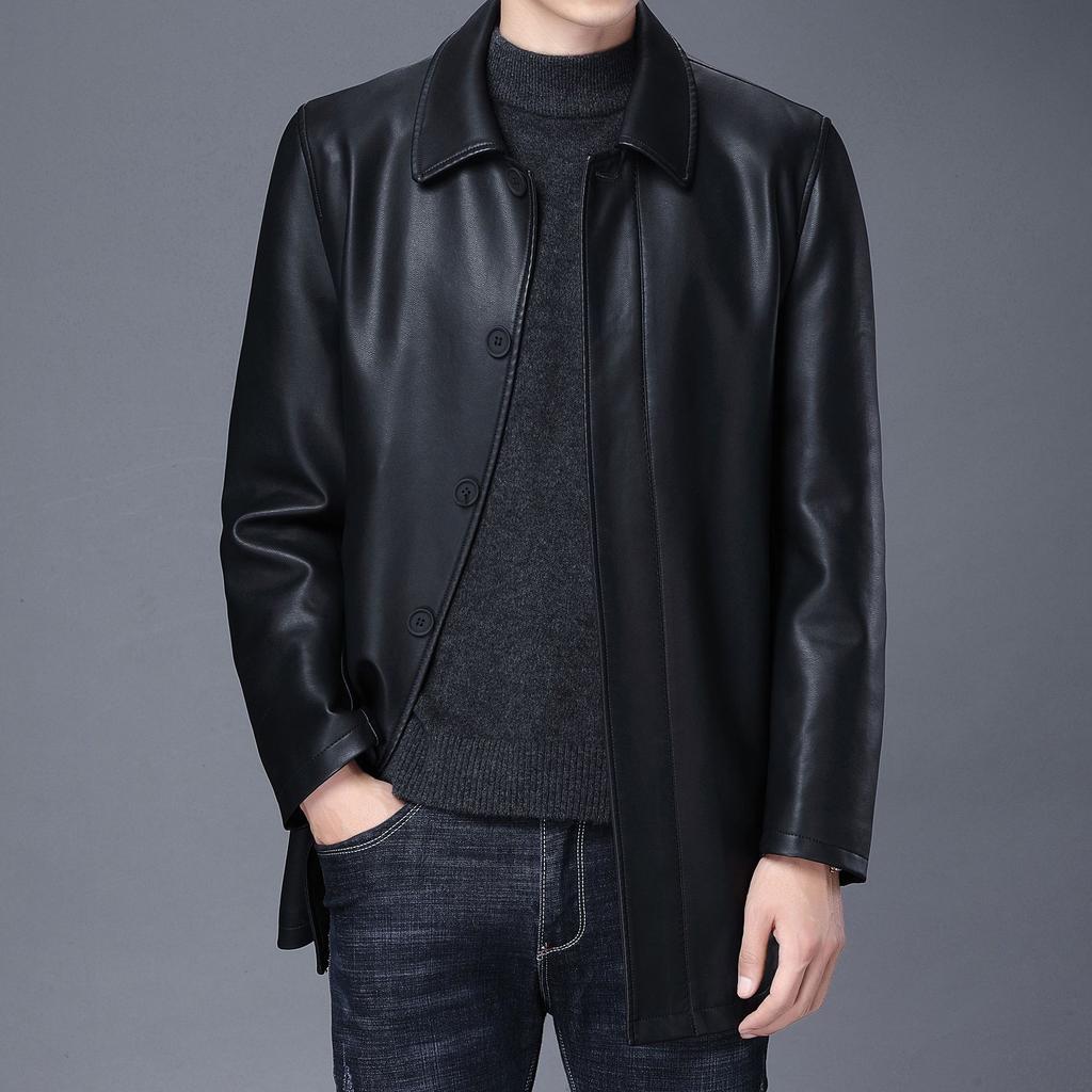 Autumn and Winter Leather Jacket Men's Lapel Jacket Casual Middle-aged and Elderly Medium and Long Velvet Leather Jacket