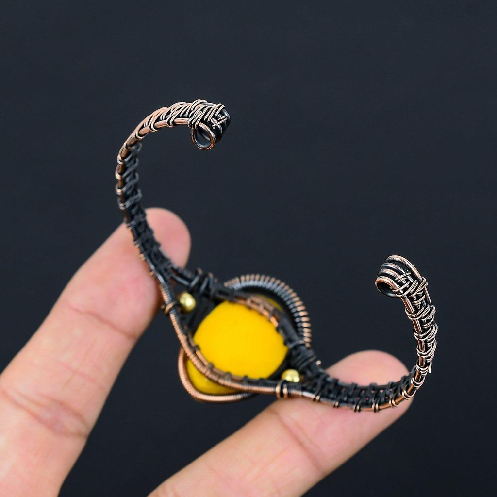 Yellow Praying Lady Carved Bone Face Handmade Latest Design Jewelry Bangle, 999 Copper Wire Wrapped Gemstone Bangle, Gift For Sister