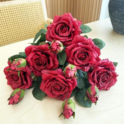Silk Rose Bouquet: Hand-Feel Moisturizing Artificial Floral Arrangement for Living Room or Wedding Decor.