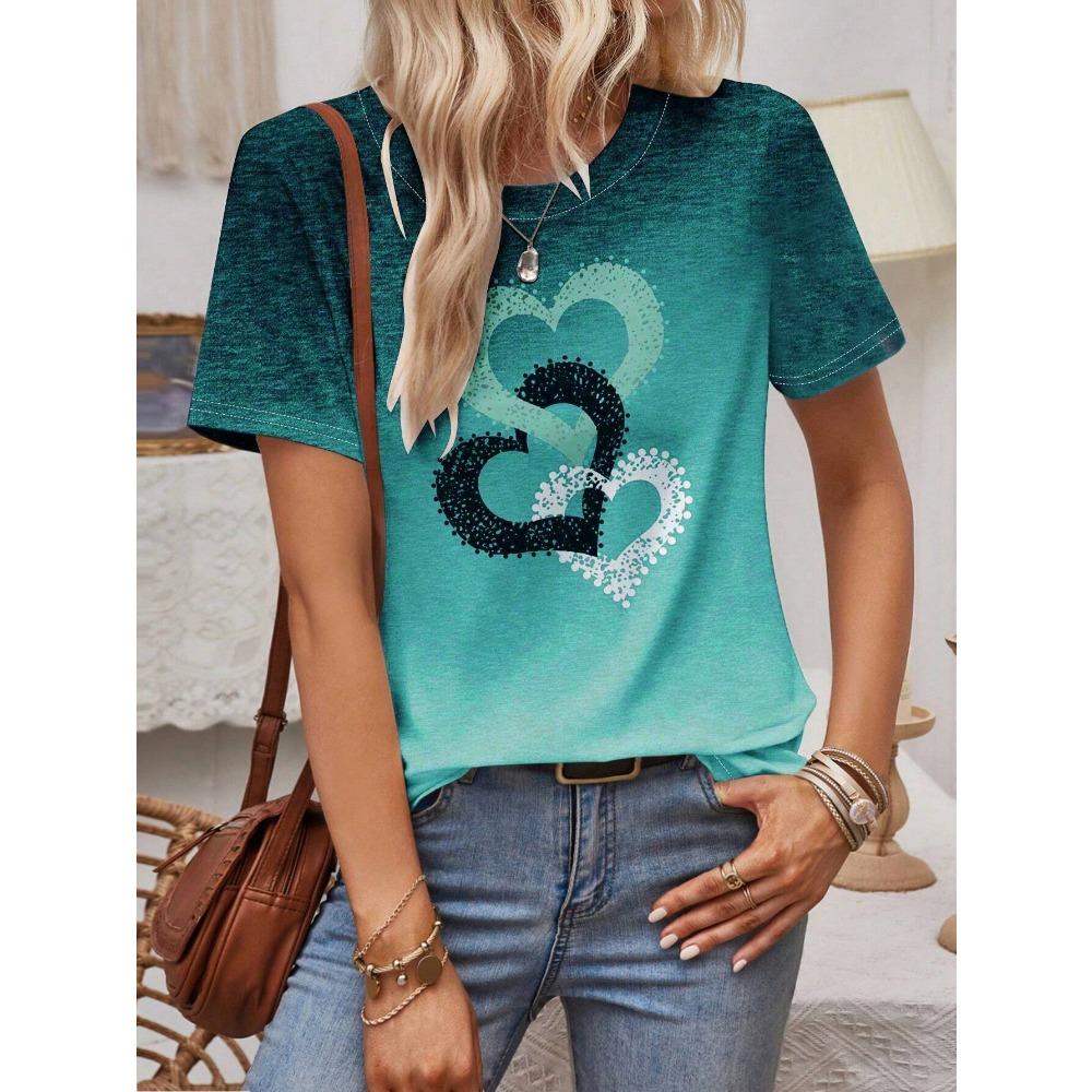 Fashion Heart Print Tee Fashionable Women's T-shirts Casual Round Neck Short Sleeve Tops Harajuku T-Shirt For Woman Summer