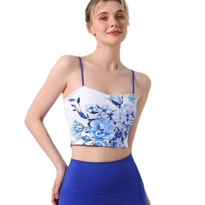 National Style Retro Print Sling Vest Push-up Elastic Slim-Fit Yoga Wear Suit Pilates Slim Looking Base Short Top