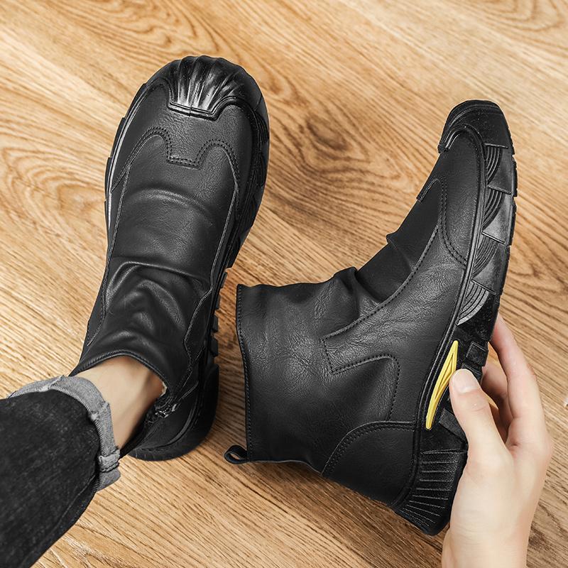 Erkek Motosiklet Deri Çizmeler İngiliz Tarzı Yuvarlak Kafa Yüksek Top Ayakkabı Yan Zip Yürüyüş Rahat Platform Çizmeler Bota Masculina