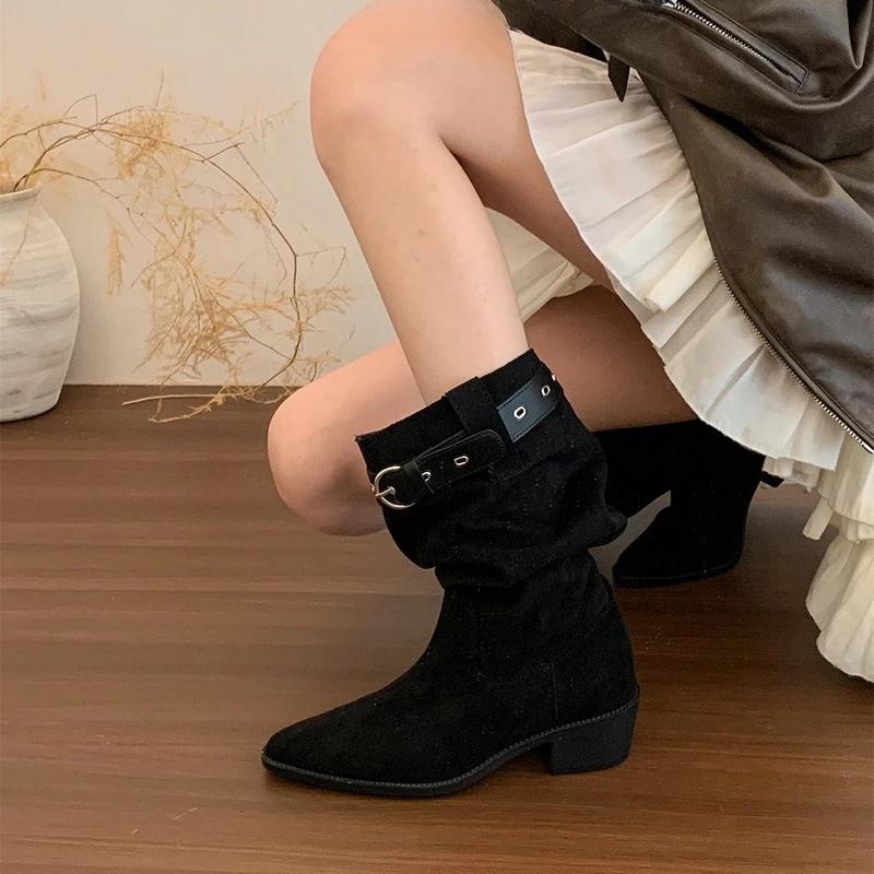 

Винтажные плиссированные женские ковбойские сапоги в западном стиле, модные, с острым носком, на толстом каблуке, женские полусапожки до середины икры 39