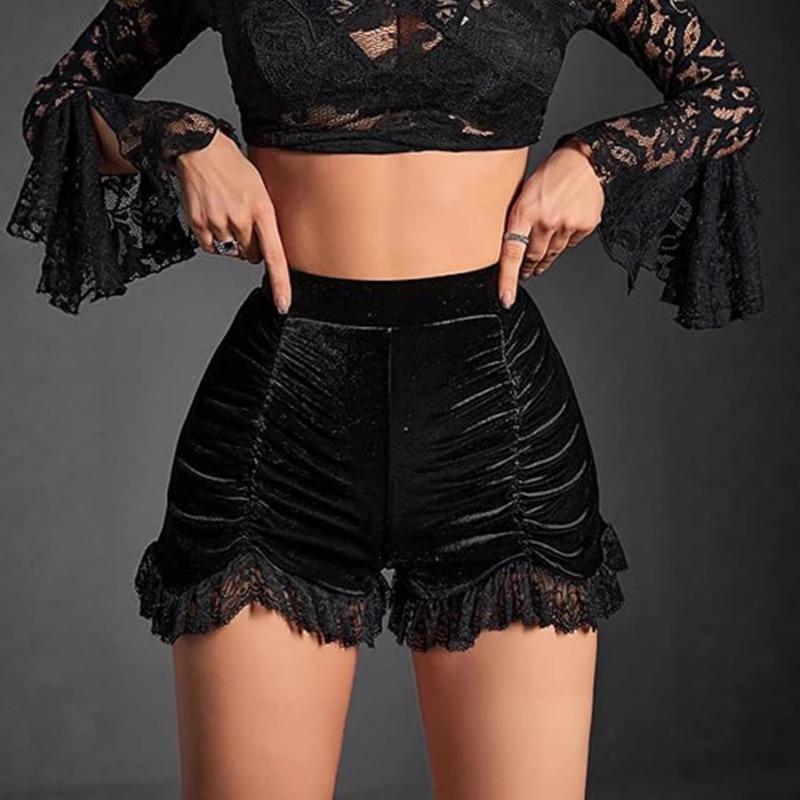 Women High Waist Ruched Velvet Shorts Lace Trim Bodycon Hot Pants S чёрный