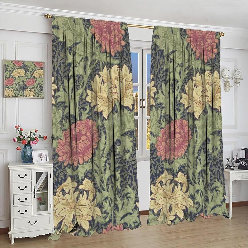 Boho Vintage Floral Bohemia Curtains Plant Flowers William Morris Style Window Drapes Living Room Bedroom Curtain Blackout Polyester Ideal For Area