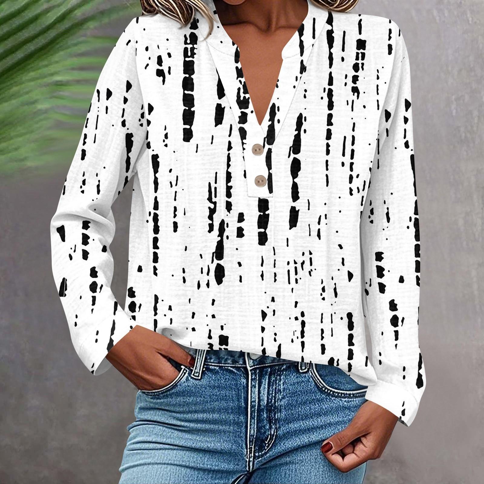 

Женская модная и повседневная рубашка с длинным рукавом, V-образным вырезом, на пуговицах, с принтом, блузка, топ S белый