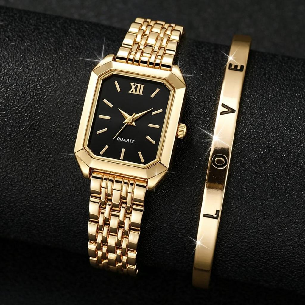 Women's Quartz Wristwatches Rectangle Ladies Fashion Golden Clock Top Luxury Gifts Bracelet Watches for Wife, Family, Friend
