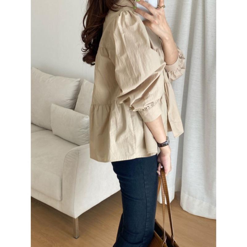 Casual Puff Sleeve Pleated White Shirts for Women Fashion Patchwork Simple Single Breasted Loose Blouses Tops Women Solid Lapel Vintage Blouse 26288