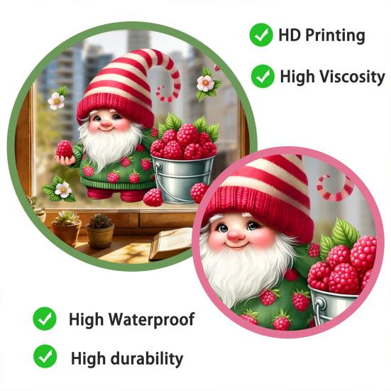 Spring Gnome Window Clings Floral Berries Gnome Glass Stickers Double-Sided Reusable Static Decals