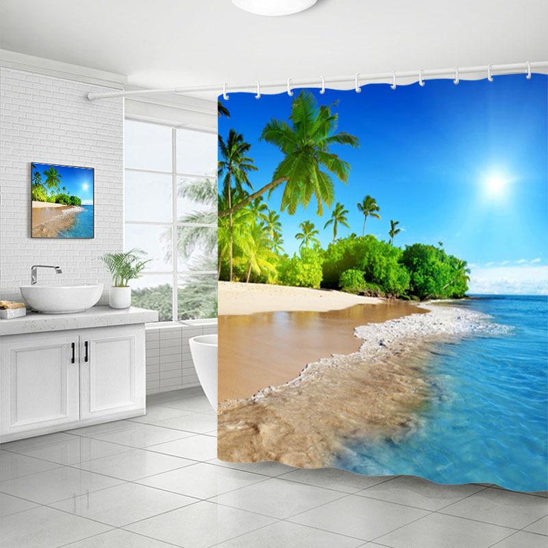 Shower Curtain Bathroom Fabric Non-Punching Beach Natural Scenery Digital Printing Shower Curtain With 12 Hooks