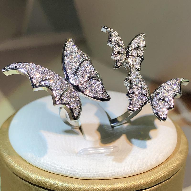 Sterling Silver Romantic Luxury White Zircon Three Butterfly Opening Ring For Women Party Wedding Jewelry Gift