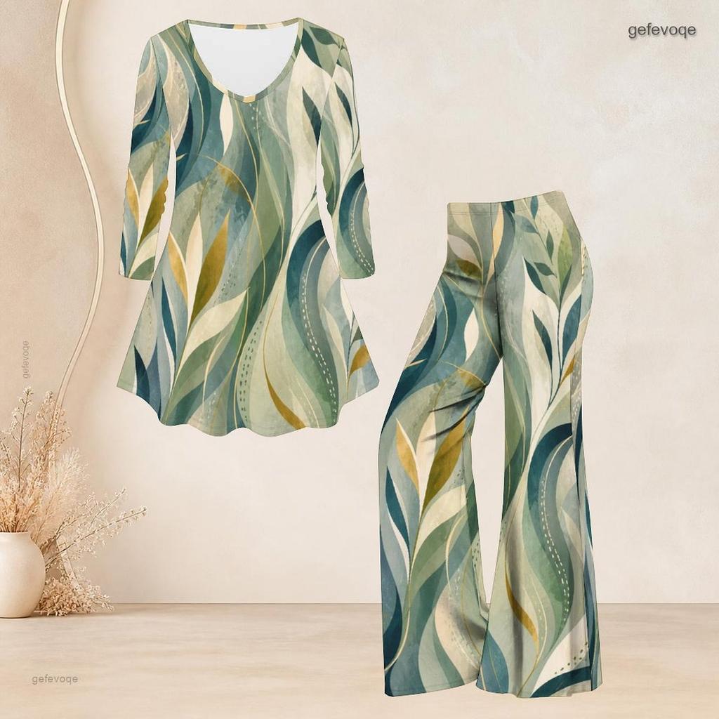 Women Plus Size Printed Round Neck Three Quarter Sleeve Flared Top And Flared Pants Two Piece Set