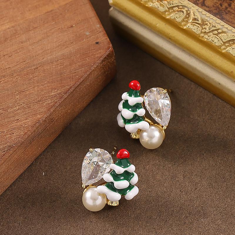 14K Gold-Plated Christmas Tree Drop Earrings with Silver Studs for Women