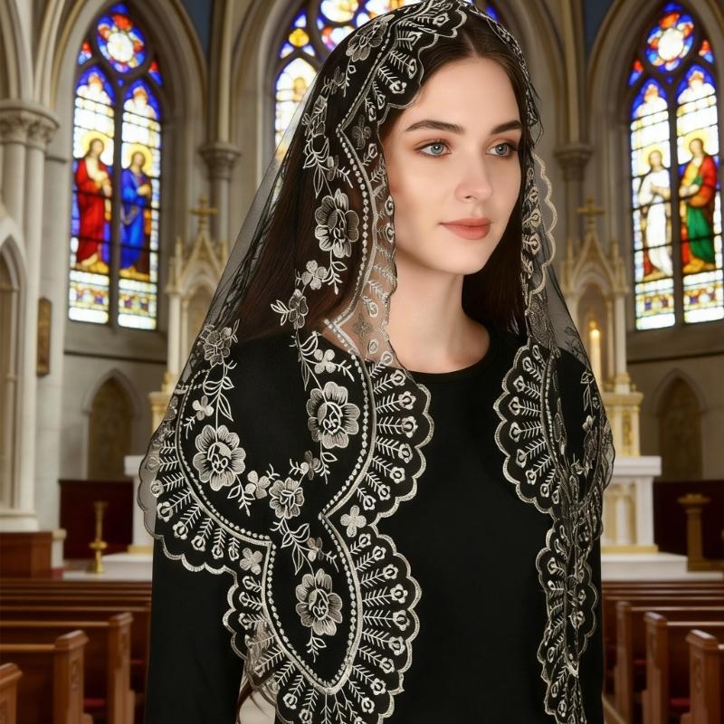 Elegant Lace Embroidered Floral Head Scarf For Church Prayer And Religious Ceremonies Soft Polyester Religious Scarf