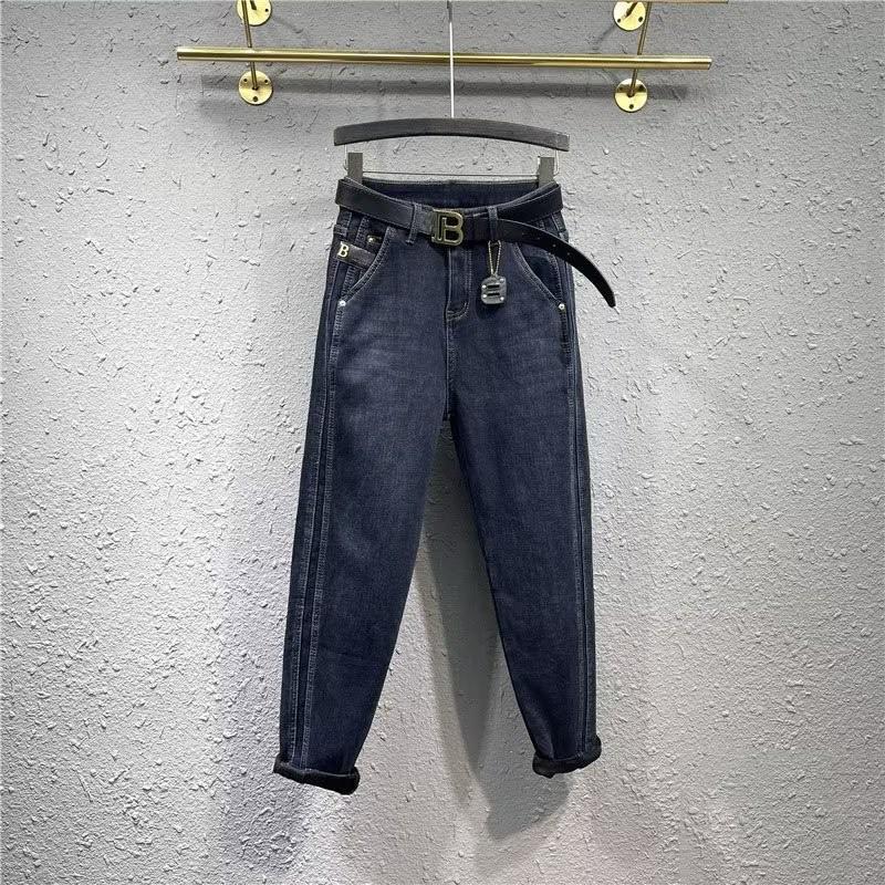 

Синие джинсы-шаровары из эластичного бархата с высокой талией для женщин — облегающие, свободные брюки-папы Nine-Point Daddy для осени/зимы 2023 г. 5XL