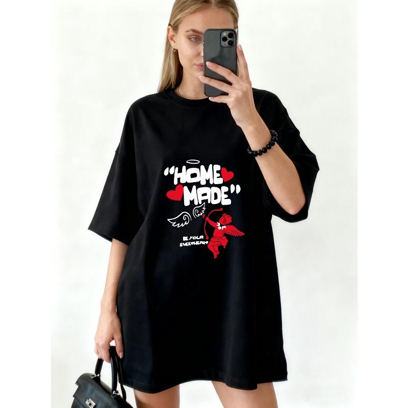 Oversized T Shirt Black Homemade With Heart And Angel Print For Casual Wear